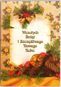 VINTAGE CONTINENTAL SIZE POSTCARD MERRY CHRISTMAS PINES BELLS POLAND 1970s