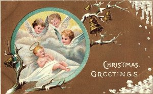 C.1910 Angles Baby Jesus Snow Christmas Greetings Victorian Postcard F36