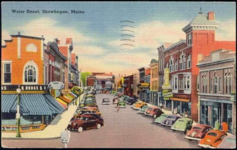 Skowhegan, Maine, Water Street, Shops, Cars (1954) Stamps