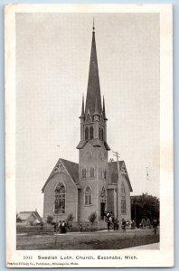 1905's Swedish Lutheran Church Building Tower People Escanaba Michigan Postcard
