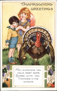 Whitney Thanksgiving Little Boy and Girl with Turkey c1920 Vintage Postcard