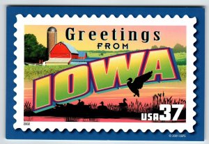 Greetings From Iowa Large Letter Chrome Postcard USPS 2001 Barn Farmland Geese