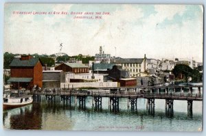 Janesville Wisconsin WI Postcard Steamboat Landing 4th Avenue Bridge Dam 1909