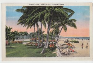 P2804, 1937 postcard beach scene palm trees etc miami beach florida