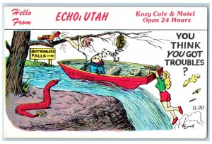 c1950's Hello From Kozy Cafe & Motel Echo Utah UT Snake Boat Bird Postcard