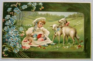 Sweet Little Girl Lambs Doll Easter Embossed Postcard