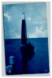 Vintage 1909 Cyanotype Postcard Sailboat Near Dock Europe Pre WW1 - Nice