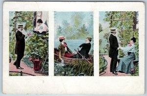 c1900s Romance Courtship Art Postcard Garden Love Story Victorian Flowers A39