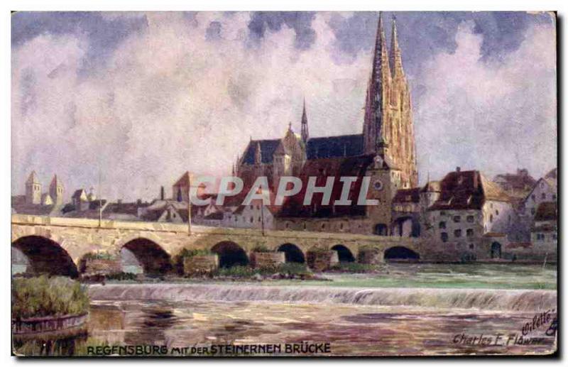 Postcard Old Regensburg Mit Der Brucke Steinernen