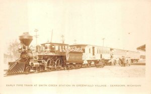 RPPC TRAIN DEPOT DEARBORN MICHIGAN SAVANNAH GEORGIA REAL PHOTO POSTCARD (1930s)