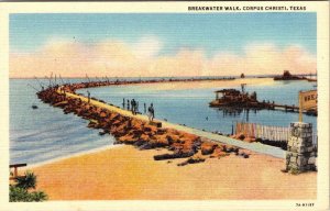 Corpus Christi, TX Texas  BREAKWATER WALK Fishing~Jetty~Fishermen LINEN Postcard