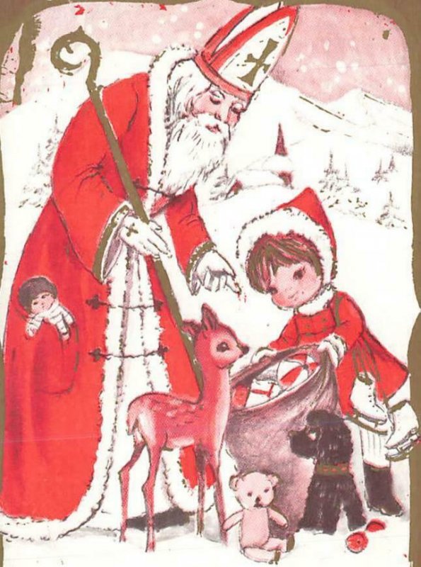 Santa Claus Deer And Girl Look At Sack Of Toys VTG P83