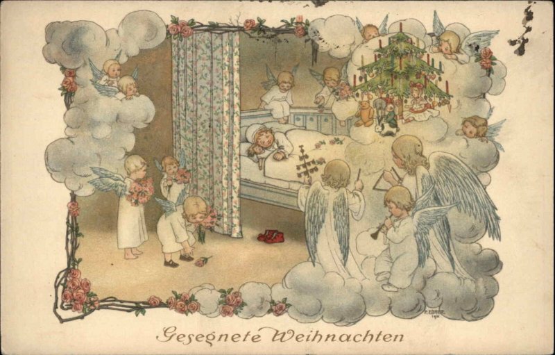 M Munk Christmas Gesegnete Weihnachten Angel Children Deliver Gifts c1910 PC