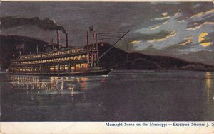 c .'07, Steamer,J.S., Midnight On The Mississippi River, Message, Old Postcard