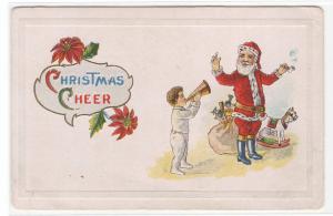 Santa with Pipe Boy with Horn Christmas Greeting 1915 postcard