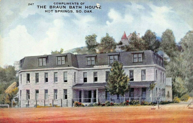 HOT SPRINGS SD~BRAUN BATH HOUSE~1900s ADVERTISING POSTCARD