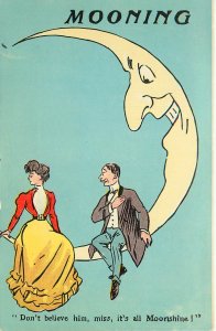 Mooning Postcard Anthropomorphic Moon Romantic Couple Its All Moonshine ZIM