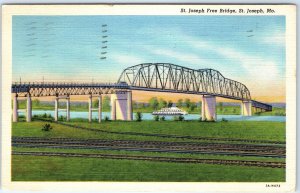 c1940s St. Joseph, MO Free Bridge Railway Train Tracks Linen PC Steamship A293