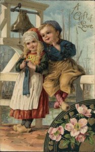 Winsch Valentine Dutch Boy and Girl Gift of Love  c1910 Vintage Postcard