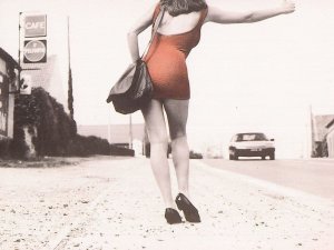 Woman In Red Dress Hitchhiking Hitchhiker Road Cafe Photo Postcard