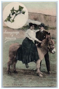 Language Of Flowers Postcard Couple Romance Riding Donkey I Cling To Thee Posted
