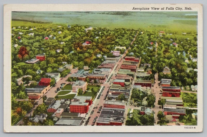 Falls City Nebraska~Aeroplane View~Downtown~Courthouse~Big Nemaha River~Linen 