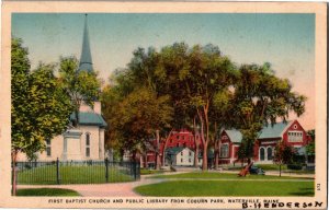 First Baptist Church, Public Library from Coburn Park Waterville ME Postcard L37
