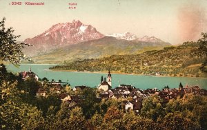 Vintage Postcard Kussnacht Pilatus Houses River Mountains Switzerland