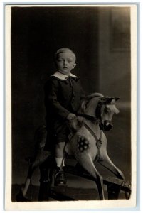 c1910's Little Boy Ride Horse Toy Studio Portrait England UK RPPC Photo Postcard
