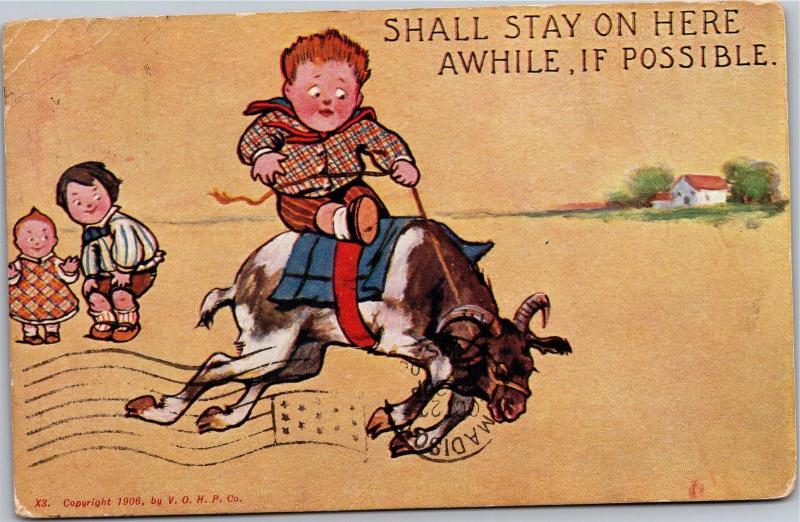 Boy Riding Goat, Stall Stay On Here A While If Possible UDB Vintage Postcard M07