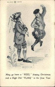 Christmas Scottish Men Dancing Bagpipes Tartan c1910 Vintage Postcard