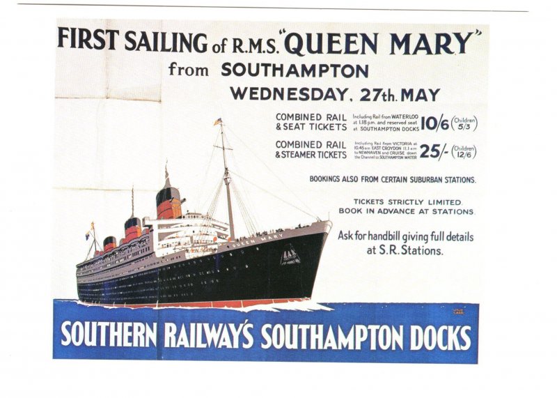 First Saling RMS Queen Mary, Southern Railways Southampton Docks, Poster,