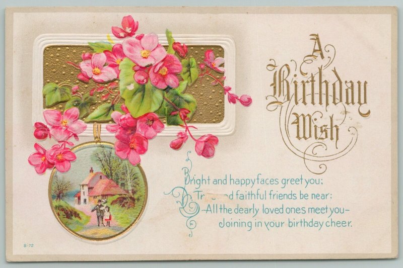 Flowers Greetings~Pink Primroses~Gold Border~c1910 Embossed Postcard