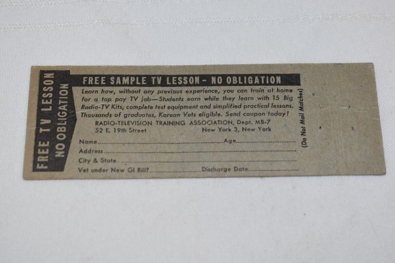 Learn Television Electronics Radio Advertising Front 20 Strike Matchbook Cover