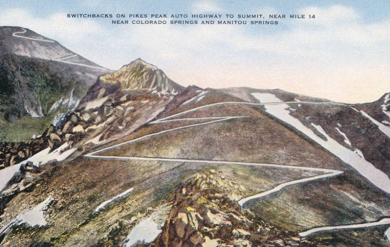 Switchbacks on Auto Highway up Pikes Peak CO, Colorado near Mile e14 - Linen