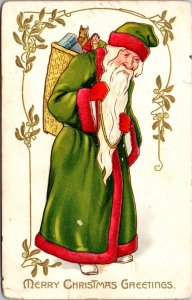 Merry Christmas Postcard Green Suited Santa Claus Basket Filled with Toys