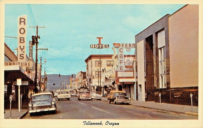 TILLAMOOK OREGON BUSINESS DISTRICT-CAFE-STOREFRONTS 1950s POSTCARD 