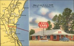 Claxton GA C&J Caf‚ & Map NICE LINEN Postcard