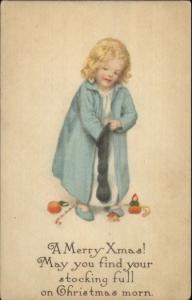 Christmas - Little Girl Getting Into Her Stocking c1915 Postcard