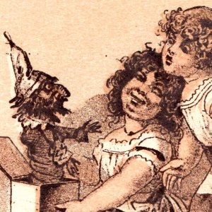 c1880s Creepy Jack in Box Toy Scare Cute Girl Trade Card Scary Clown Jester C51