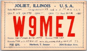 1936 QSL Radio Card Joliet Illinois W9MEZ Amateur Radio Station Vintage Postcard