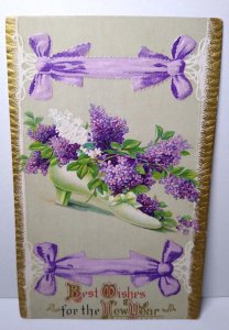 New Years Postcard Purple Flowers Shoe Best Wishes Embossed 1912 Vintage