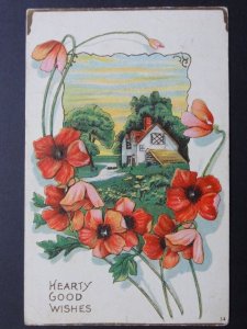 Poppy Postcard: Embossed POPPY 'Good Wishes' c1922 - Inc Donation to R.B.L.