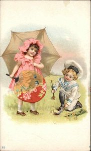 Little Girl and Boy Asian Fan Sailor Suit Gardening c1910 Vintage Postcard