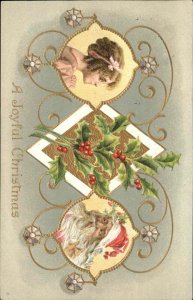 Christmas Children Girl Santa Claus Holly Embossed c1900s-10s Postcard