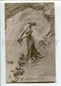 3105653 Semi-Nude WITCH in Roses by MASTROIANNI old ART NOUVEAU