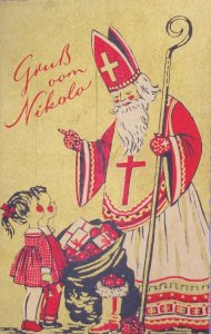Santa St Nicholas Children Toys Gilt Vintage Christmas Postcard German