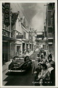 Curacao NWI Street Scene Stores Car Real Photo Postcard