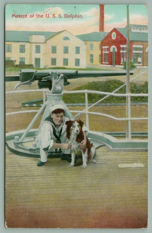 USS Dolphin Gunboat & Dispatch~Sailor with Mascot by Deck Gun~Collie Dog~1907 