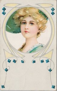 Beautiful Blonde Woman Blue Hat c1910 Postcard G41